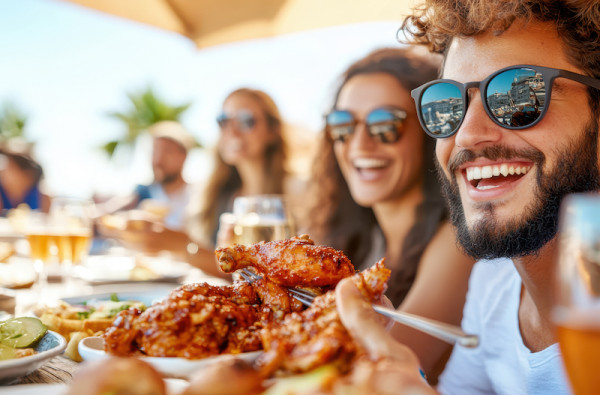 Young adults around a table eating chicken wings